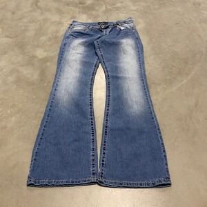 Angels Womens Flare Leg Jeans Medium Wash Embroidered Flap Pockets Blue 30x30